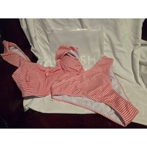 CUPSHIE Red White Stripe Ruffle One Shoulder Bikini Swimsuit Set Women's